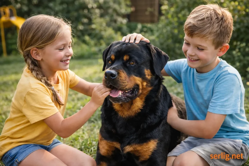 Rodwajlery dog interacting with children, showcasing loyalty and gentleness.