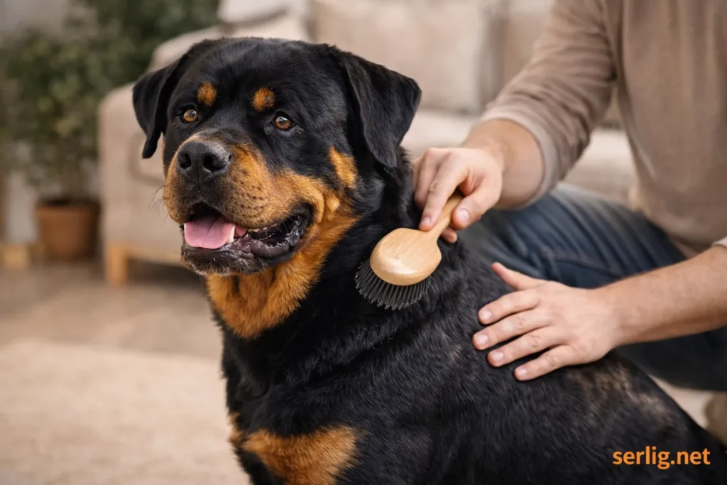 Rodwajlery dog getting groomed, showing shiny coat and healthy fur
