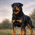 Rodwajlery dog sitting outdoors, showcasing strength and loyalty.