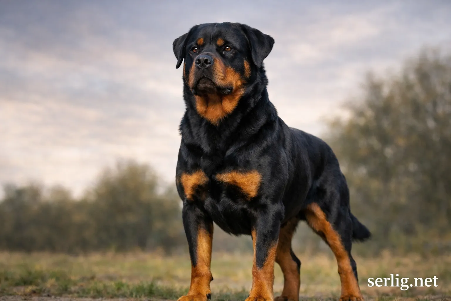 Rodwajlery dog sitting outdoors, showcasing strength and loyalty.